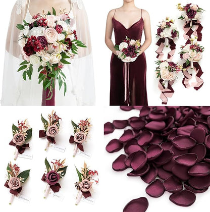 Ling's moment Wedding Artificial Flowers Package, Bridal Bouquet, Bridesmaid Bouquets, Boutonniere for Men, Rose Petals.Burgundy Blush