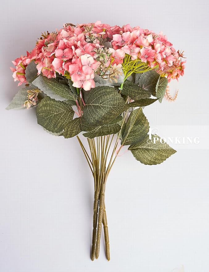 Hydrangea Artificial Flower 3pcs Realistic Faux Silk Hydrangeas Fake Flowers Bouquets Arrangements Decor for Wedding Spring Mother's Day, Home Table Decorations, Sunset Pink Flower