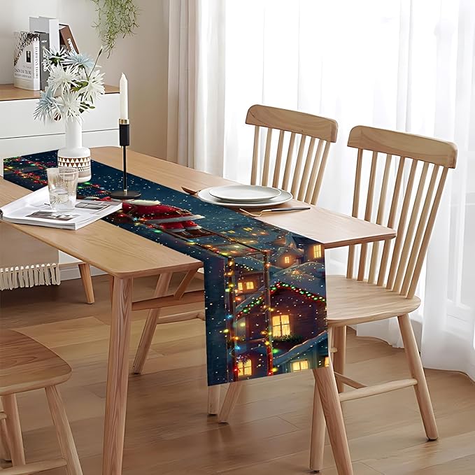 Christmas Table Runner– Festive Santa Claus Climbing Ladder Design with Holiday Lights & Snowy Village, Winter Table Decoration for Dining Table, Kitchen, Party & Home Décor