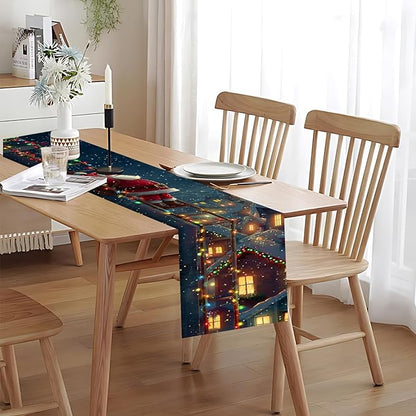 Christmas Table Runner– Festive Santa Claus Climbing Ladder Design with Holiday Lights & Snowy Village, Winter Table Decoration for Dining Table, Kitchen, Party & Home Décor