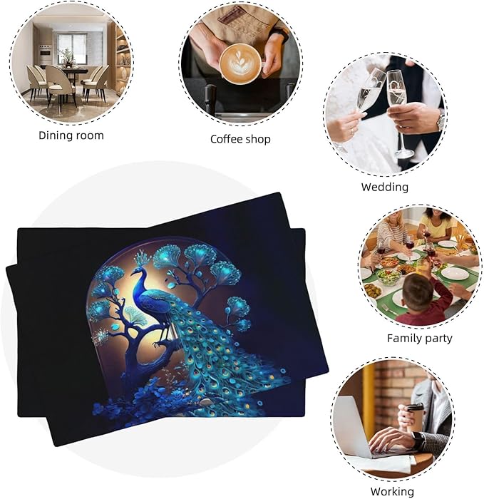 Blue Peacock Placemats Set of 4, Peacock Tree Place Mats Washable Double-Sided Table Mats for Kitchen Dining Room Home Party Indoor Decor 4 PCS 12x18 Inch