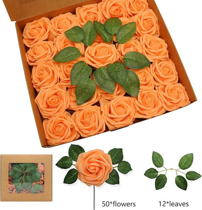 Artificial Roses Flowers 50pcs Real Looking Foam Fake Roses with Stems for DIY Wedding Bouquets Bridal Shower Centerpieces Party Decorations (50, Orange)