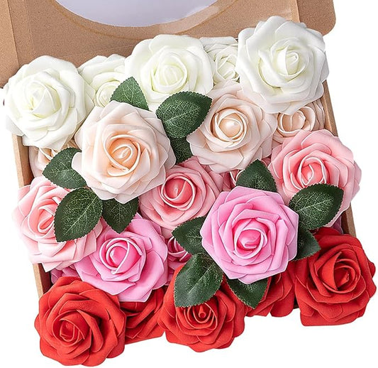 N&T NIETING Artificial Flowers 25pcs Real Looking Artificial Roses with Stems for Valentine's Day Mother's Day Wedding Bridal Bouquet Party Baby Shower Cake Decoration, Series Red
