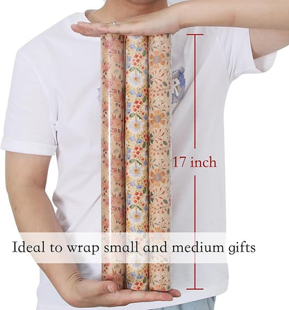 Aimyoo Kraft Floral Wrapping Paper Bundle, Vintage Spring Flowers Rose Gift Wrap Paper for Wedding Bridal Shower Birthday, 3 Rolls 17 in x 10 ft per Roll