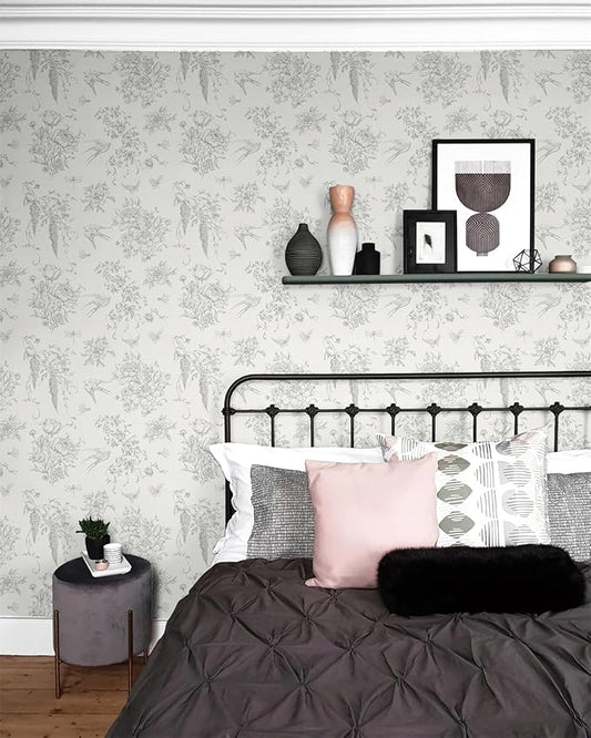 Cream White and Gray Peel and Stick Wallpaper Vintage Floral Contact Paper 16.9"x196.8" Floral Birds Self Adhesive Removable Wallpaper Grey Flowers Decorative Wall Paper for Bathroom Cabinets
