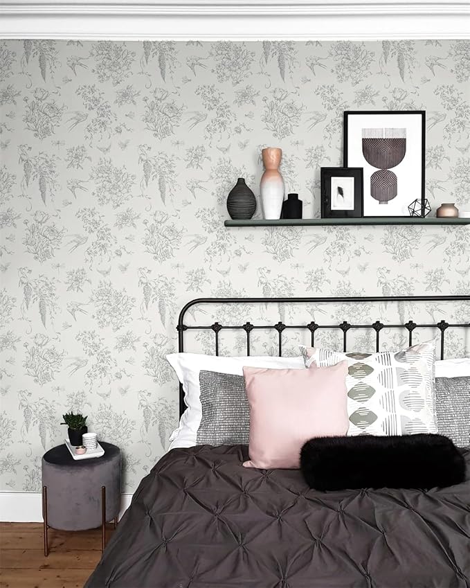 Cream White and Gray Peel and Stick Wallpaper Vintage Floral Contact Paper 16.9"x393.7" Floral Birds Self Adhesive Removable Wallpaper Grey Flowers Decorative Wall Paper for Bathroom Cabinets