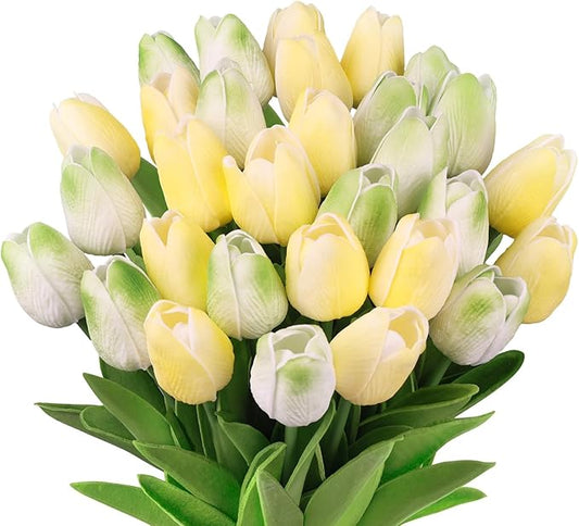 MACTING 30 PCS Artificial Tulip Flowers 13.7" Real Touch Fake Flowers Faux PU Tulips for Floral Arrangement Table Centerpieces Kitchen Home Indoor Outdoor Summer Decorations(Mix Green)