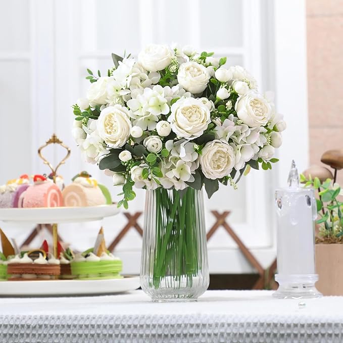 ASTRYAS 8Pcs White Peonies Artificial Flowers Mixed Hydrangea Faux Silk Peony Flowers Fake Floral Arrangement for Centerpiece Table Wedding Party Home Decor Baby Showers