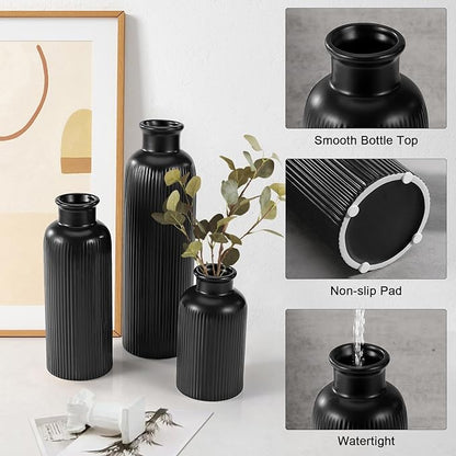 Small Black Ceramic Vase Set of 3, Boho Modern Black Flower Vase Room Decor, Farmhouse Decor, Vases for Your Kitchen, Bathroom, Bedroom, Living Room, Office&Shelf Centerpiece Table Decorations