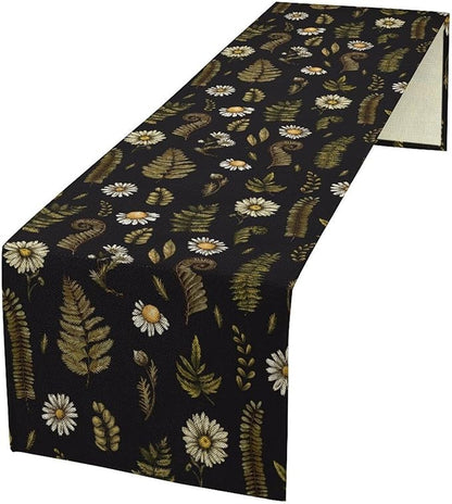 Vintage Daisy Flower Table Runner, Rustic Forest Green Plants Leaves Wild Floral Ferns Print Holiday Kitchen Dining Coffee Table Decoration for Home Indoor Outdoor Party, 13x108inch