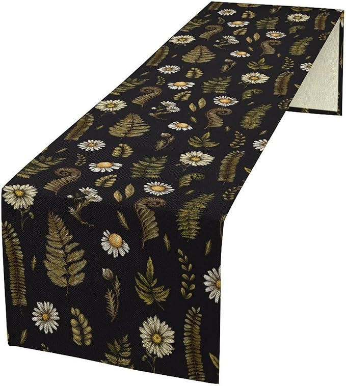 Vintage Daisy Flower Table Runner, Rustic Forest Green Plants Leaves Wild Floral Ferns Print Holiday Kitchen Dining Coffee Table Decoration for Home Indoor Outdoor Party, 13x70inch