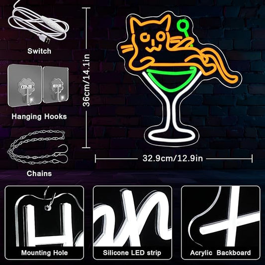 Cat Martini Neon Sign Cat LED Wall Light Yellow Animal Neon Lights for Bar Dimmable Cocktail LED Neon Signs for Kitchen, Home Decor, Cocktail Lounge, Cat Lover Gift