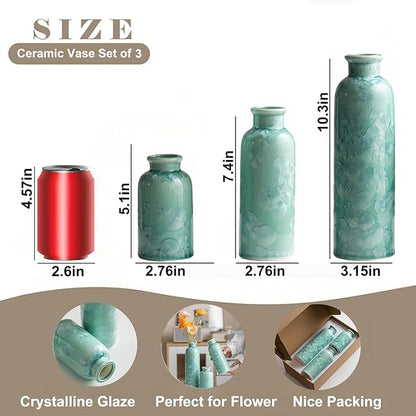 Modern Ceramic Vase Set of 3, Green Crystalline Glaze Colors, Decorative Bottles for Home, Farmhouse Rustic Decor (Crystalline Glaze Green)