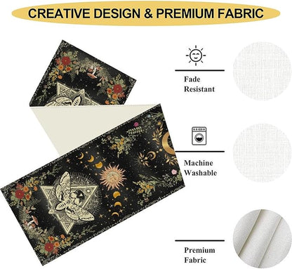 Gothic Moth Table Runner, Boho Gothic Sun Moon Phase Wildflower Mystical Witchy Farmhouse Coffee Table Center Decor for Home Kitchen Dining Patio Holiday Party Table Decorations 13x72 inches
