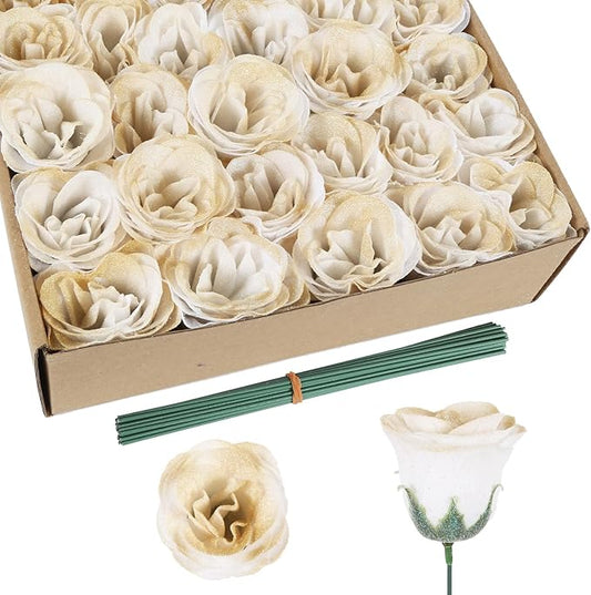 Glitter Roses Bouquet,30PCS Glitter Flowers Fake Roses Artificial Flowers with Stems for Wedding Party Christmas Valentine's Day Home Decor (Gradient Champagne