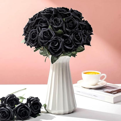 30 Pcs Rose Artificial Flowers in Bulk Real Touch Long Stem Silk Roses Bouquets Realistic Faux Flowers for Wedding Bridal Shower Home Decor Floral Arrangements Table Centerpiece(Black)