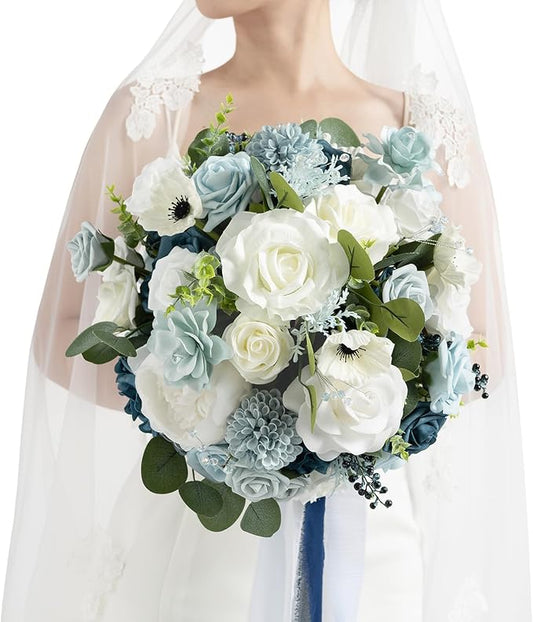 Ling's moment Dusty Blue Bridal Bouquet for Bride, Blue Wedding Bouquets for Bride, 9 Inch Silk Round Artificial Wedding Flowers Bouquets
