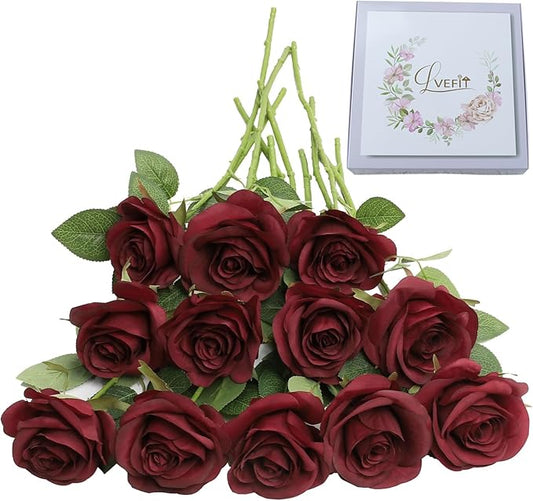 Artificial Rose Flower Artificial Flowers Flower with Long Stem Silk Roses Bouquet for Wedding Bridal Shower Party Home Decoration (Burgundy, 12 Pcs)