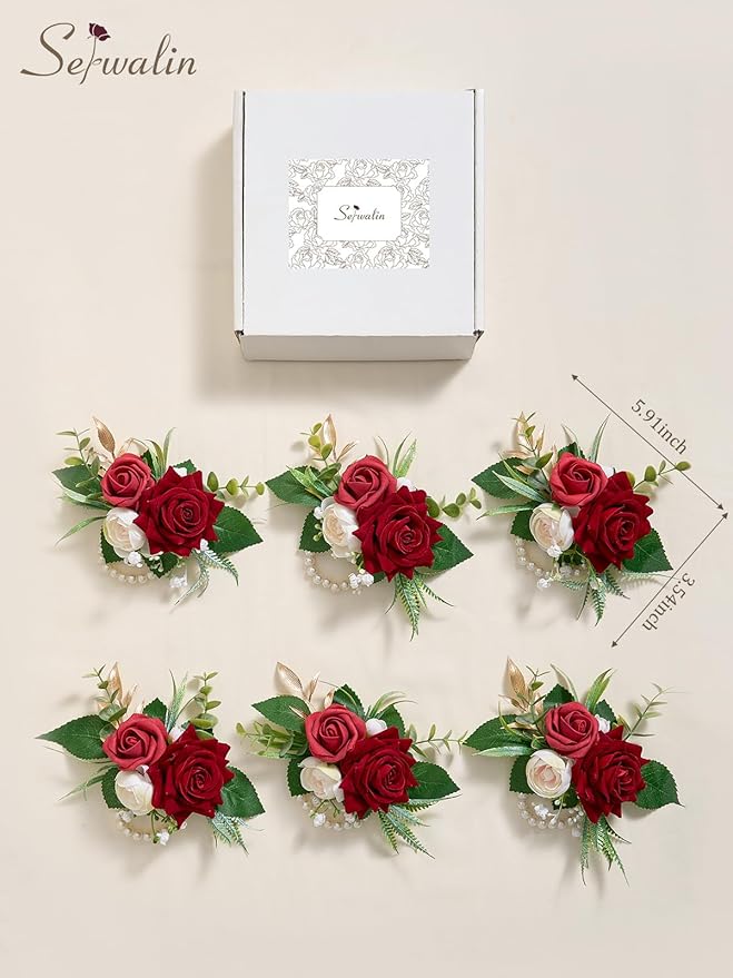 Serwalin 6 PCS Burgundy Wrist Corsage for Wedding, Roses Wrist Corsage for Prom Homecoming Party Corsage Hand Decor for Bride Bridesmaids, Mother of Bride and Groom
