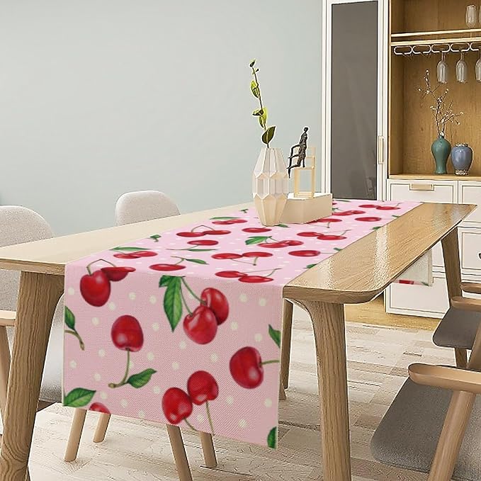 Red Cherry Table Runner,Spring Summer Fruit Tropical Birthday Party Decorations Dining Room Home Kitchen Table Decor 13 x 120Inch