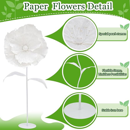 White Giant Flowers with Stand - 3 Metal Base Giant Paper Flower Flexible Big Flowers Decor for Birthday Party Baby Show Wedding Art Exhibition