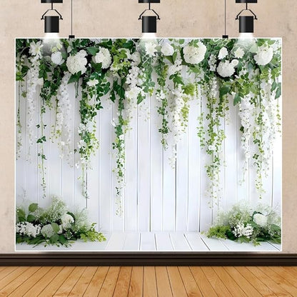 Flower Wall Backdrop 10x8ft Wedding Backdrop White Flower Backdrop Bridal Shower Backdrop Green Leaves Decoration Wood Wall Background Birthday Party Decorations Photo Studio Props