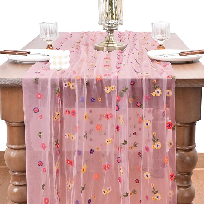 Joanlody Blushing Pink Embroidery Daisy Christmas Table Runner Florals Seasonal Tulle Table Runner Holiday Kitchen Dining Table Decoration for Home Party Indoor