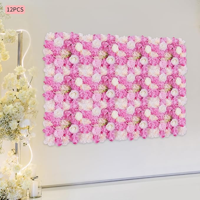 DouSeiAi 12Pcs Artificial Flower Wall Panel 3D Floral Backdrop Walls 15" X 15" Flower Wall Decor Flower Backdrop Faux Flowers Panel for Wedding Party Home Decoration, White/Deep Pink