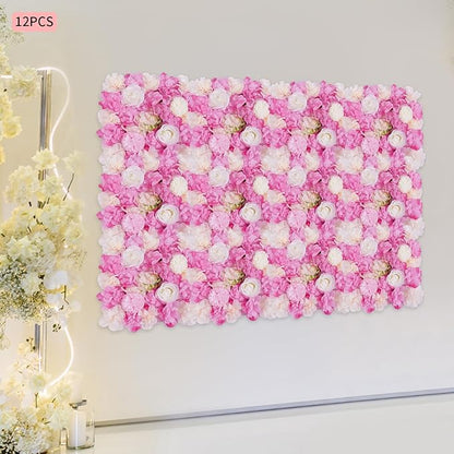DouSeiAi 12Pcs Artificial Flower Wall Panel 3D Floral Backdrop Walls 15" X 15" Flower Wall Decor Flower Backdrop Faux Flowers Panel for Wedding Party Home Decoration, White/Deep Pink