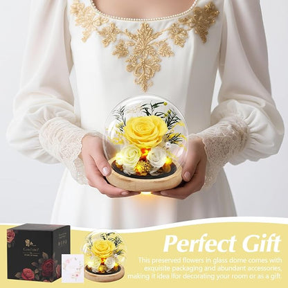 Preserved Roses Flowers for Delivery, Yellow Forever Flores in Glass Dome for Women Mom Grandma Wife Girlfriend, Eternal Rose Anniversary Birthday Gift for Valentines Mothers Day Christmas