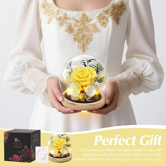 Preserved Roses Flowers for Delivery, Yellow Forever Flores in Glass Dome for Women Mom Grandma Wife Girlfriend, Eternal Rose Anniversary Birthday Gift for Valentines Mothers Day Christmas