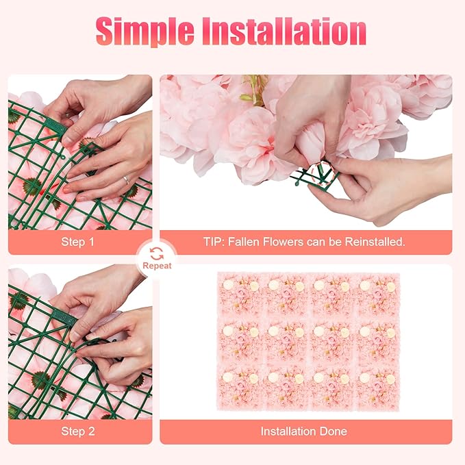 12 Pack Flower Wall Panels, Pink Floral Wall Backdrop, Artificial Flower Wall Decor 15 15, Rose 3d Flower Wall Background Party Panel Decorations for Wedding, Party, Anniversary, Indoor, Outdoor