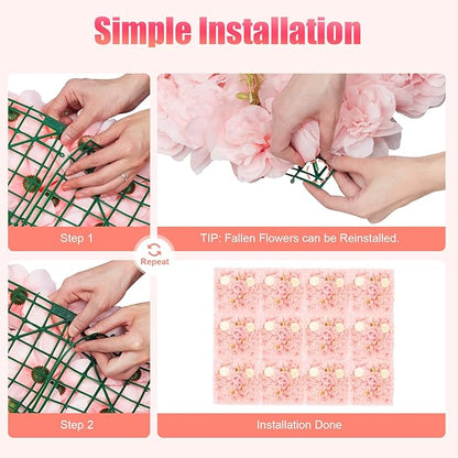 12 Pack Flower Wall Panels, Pink Floral Wall Backdrop, Artificial Flower Wall Decor 15 15, Rose 3d Flower Wall Background Party Panel Decorations for Wedding, Party, Anniversary, Indoor, Outdoor