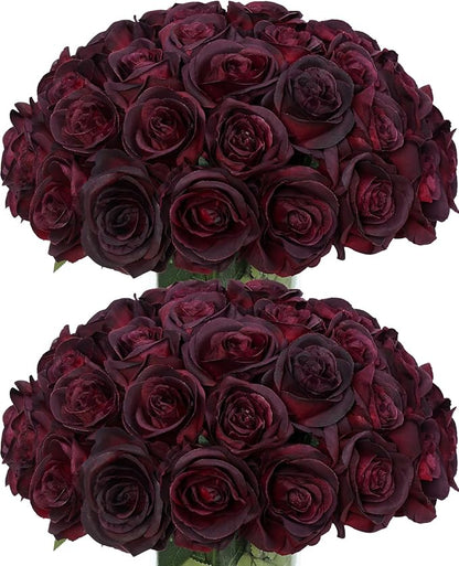 50pcs Artificial Roses Flowers in Bulk,Realistic Silk Fake Rose with Long Stem for Wedding Centerpieces Bouquet Party Floral Arrangement Home Decoration (Black&Red)