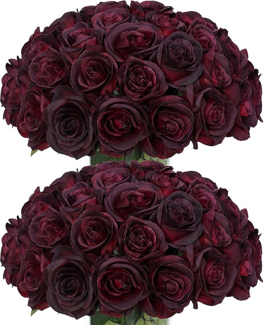 50pcs Artificial Roses Flowers in Bulk,Realistic Silk Fake Rose with Long Stem for Wedding Centerpieces Bouquet Party Floral Arrangement Home Decoration (Black&Red)