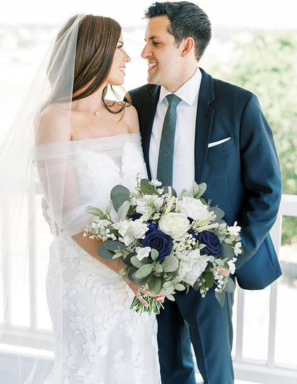 Rinlong 11.8" Wide Navy Blue Wedding Bouquets for Bride Blue White Bridal Bouquet for Wedding Artificial Flowers Bouquets