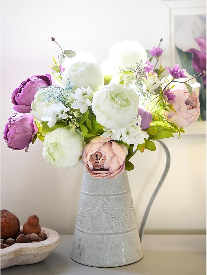 FiveSeasonStuff Artificial Peonies Bouquet – Set of 2 Whimsical Lavender Bliss Silk Flowers, Purple and White Blooms, Multiple Stems per Main Stem, for Weddings, Home Decor, DIY Floral Arrangements