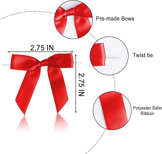50 PCS Red Twist Tie Bows 2.5" Satin Ribbon Bows Decor for Gift Wrapping Craft Treat Bags Cake Pop Basket, Wedding Baby Shower Birthday Party Favors