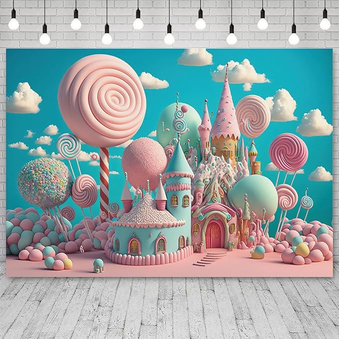 10x6.5ft Candyland Backdrop Sweet Candy Castle Photography Background Fantasy Lollipop Blue Sky White Cloud Cartoon Kids Birthday Banner Decorations Baby Shower Portrait Photo Booth Prop