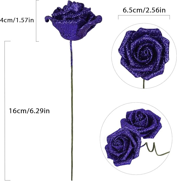 Glitter Blue Roses 30pcs Royal Blue Glitter Roses 2.56" Blue Artificial Roses with Stems Fake Foam Roses for Baby Shower Centerpieces Table Decorations for Party (Royal Blue)