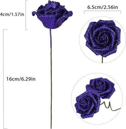 Glitter Blue Roses 30pcs Royal Blue Glitter Roses 2.56" Blue Artificial Roses with Stems Fake Foam Roses for Baby Shower Centerpieces Table Decorations for Party (Royal Blue)