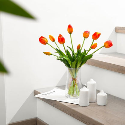 Fake Tulips Artificial Flowers Real Touch Latex Faux Tulips Fake Flowers Bouquet for Table Home Decor Party Wedding Garden Decoration (10pc Orange)