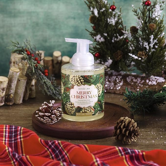ROMIIE ZOI Christmas Foaming Hand Soap with Gift Box- Merry Christmas Design, Infused with Fresh Balsam Fir Scent -Holiday Bathroom Soap for Winter Decoration and Gifting – 500ml / 16.8oz