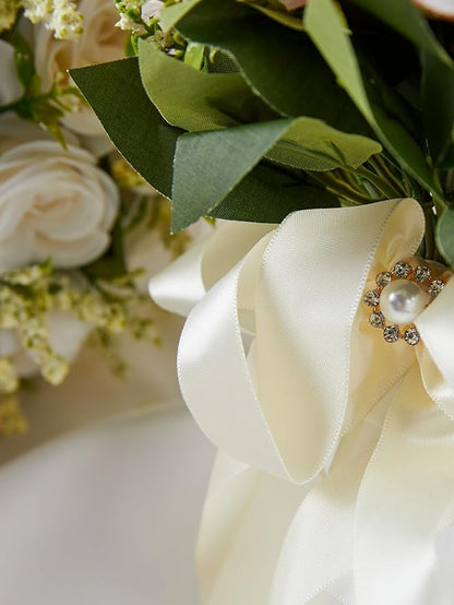 Meldel Ivory Wedding Bouquets for Bride Bridesmaid with Corsage and Boutonniere Set, 8 Inch White Champagne Artificial Roses Flowers Bridal Bouquet for Wedding Church Decoration,Ceremony, Anniversary