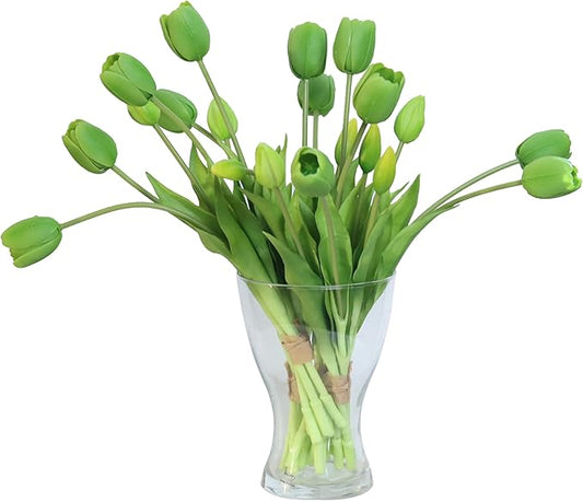 20pcs Artificial Tulip Flowers,16 Inch Real Touch Tulip Stems with Faux Leaves, Faux Tulips and Buds for Home Décor Centerpiece Ornament Wedding Bouquet,Green