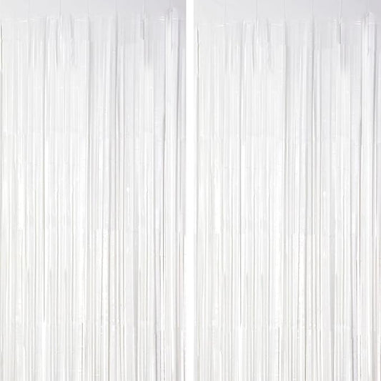 2 Pack White Tinsel Foil Fringe Curtains, White Party Decorations, Metallic Tinsel Party Streamers Backdrop for Birthday Baby Shower Graduation Wedding Anniversary Party Decorations