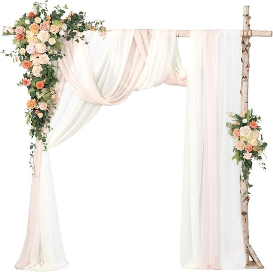 Ling's moment Wedding Arch Flowers with Sheer Drapes Kit - Artificial Spring Pink Rose Floral Arrangements for Garden Ceremony Backdrop, Arbor Decor, 5-Piece Set (2 Flower Stems + 3 Hanging Drapes)