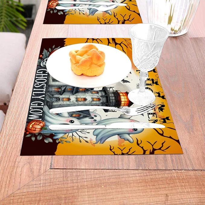 PVC Placemats Set of 6 Wipeable Table Mats Washable Heat Resistant Non Slip Vinyl Dining Table Mat for Kitchen Indoor Outdoor Patio Farmhouse Place Mats Black Halloween Castle Decorative