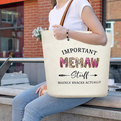 Canvas Tote Bag for Women, Important Stuff Bag with Leather Handle, Reusable Grocery Bags for Shopping Beach Travel