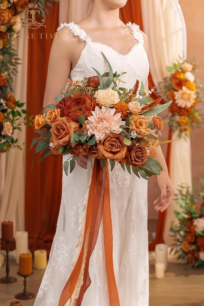 TINGE TIME 13 inch Terracotta Wedding Bouquets for Bride, Bridal Bouquet for Bride, Artificial Silk Rose for Graduation Bouquet, Fake Flowers for Fall Wedding Ceremony and Anniversary